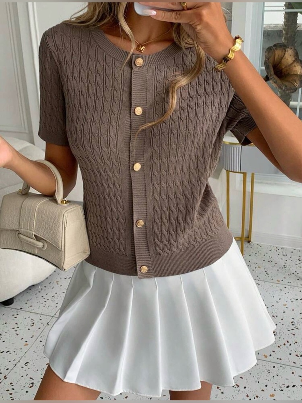Cable Knit Short Sleeve Cardigan in Taupe